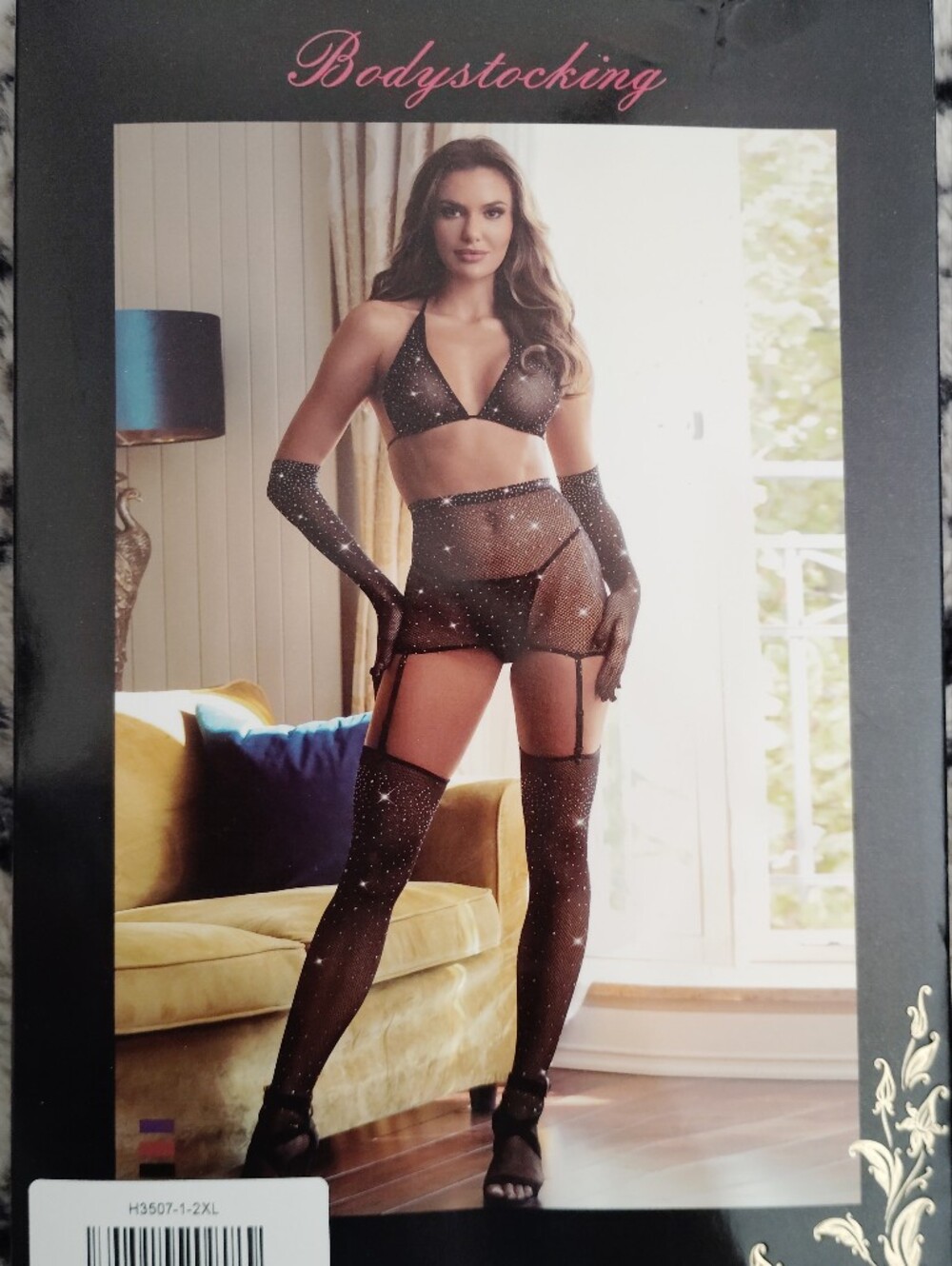 Sexy Fishnet Rhinestone-Embellished Black Body stocking Plus Size Lingerie 2X